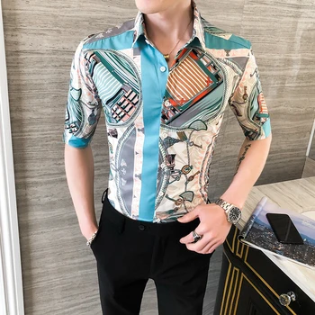 

2020 Fashion Men Shirt Luxury Retro Print Casual Slim Fit Shirt Short Sleeve Streetwear Social Shirt Brand Clothes Chemise Homme