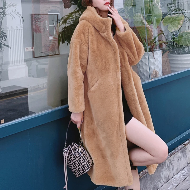 Высококачественное осенне-зимнее женское толстое теплое пальто из искусственного меха длинное пальто с капюшоном Повседневная Свободная плюшевая куртка женская верхняя одежда 5 цветов - Цвет: Camel