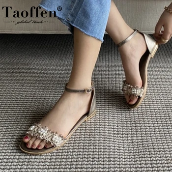 

Taoffen Plus Size 34-46 Women Sandals Shoes Fashion Metal Buckle Pearls Shoes Women Modern Comfortable Low Heels Lady Footwear