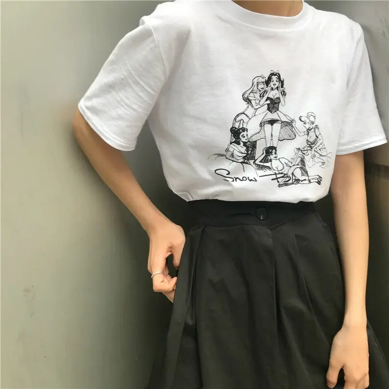 NiceMix Kawaii Футболка с принтом для женщин 90s Harajuku О образным вырезом футболка Топы