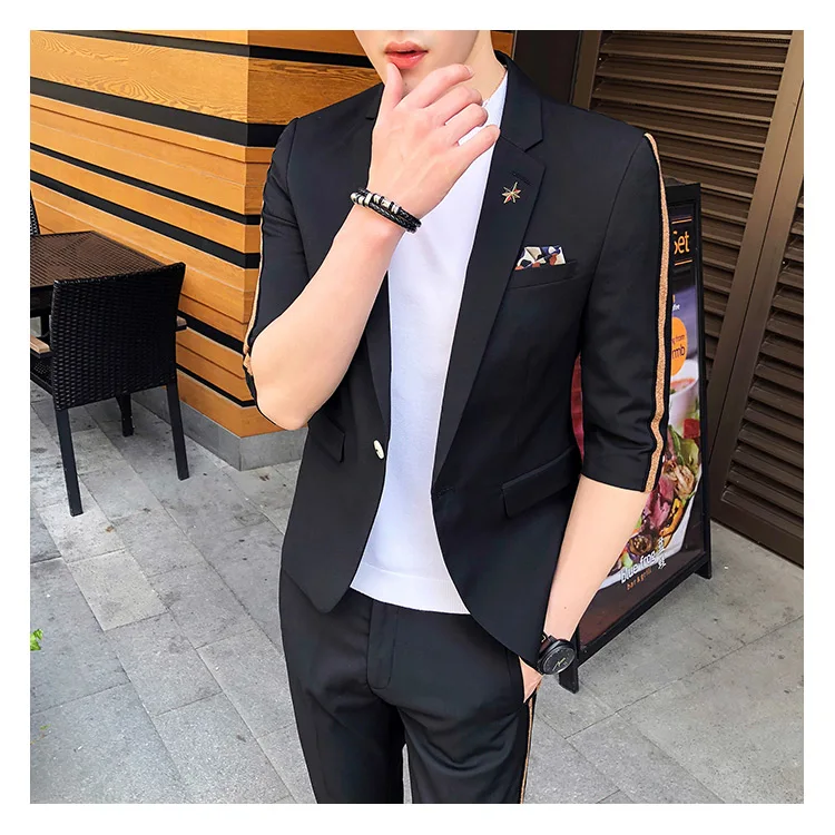Tops+ pants) casual business seven points sleeve suit men's suit summer handsome night Slim barber suit suit wedding