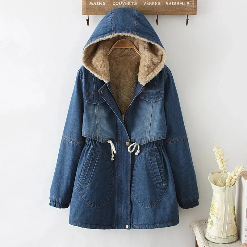 

Japanese-style College Style Casual Versatile plus Velvet Drawstring Joint Hooded Cowboy Cotton Coat Women's 41712