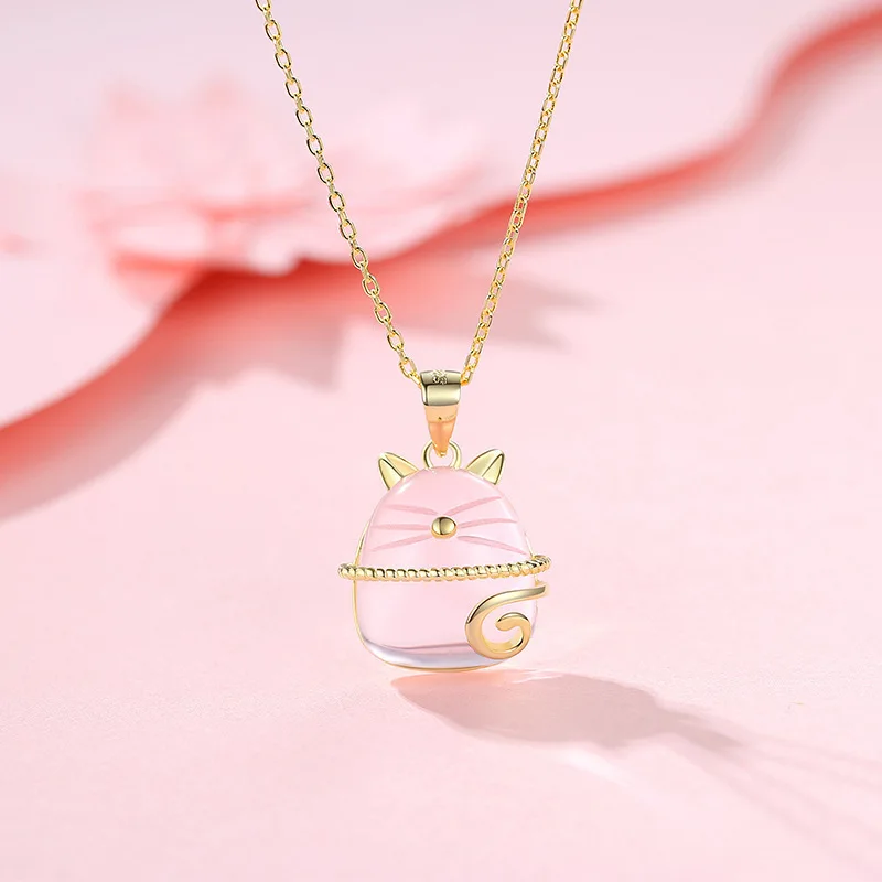 KOFSAC Cute Crystal Pink Cat Necklace 