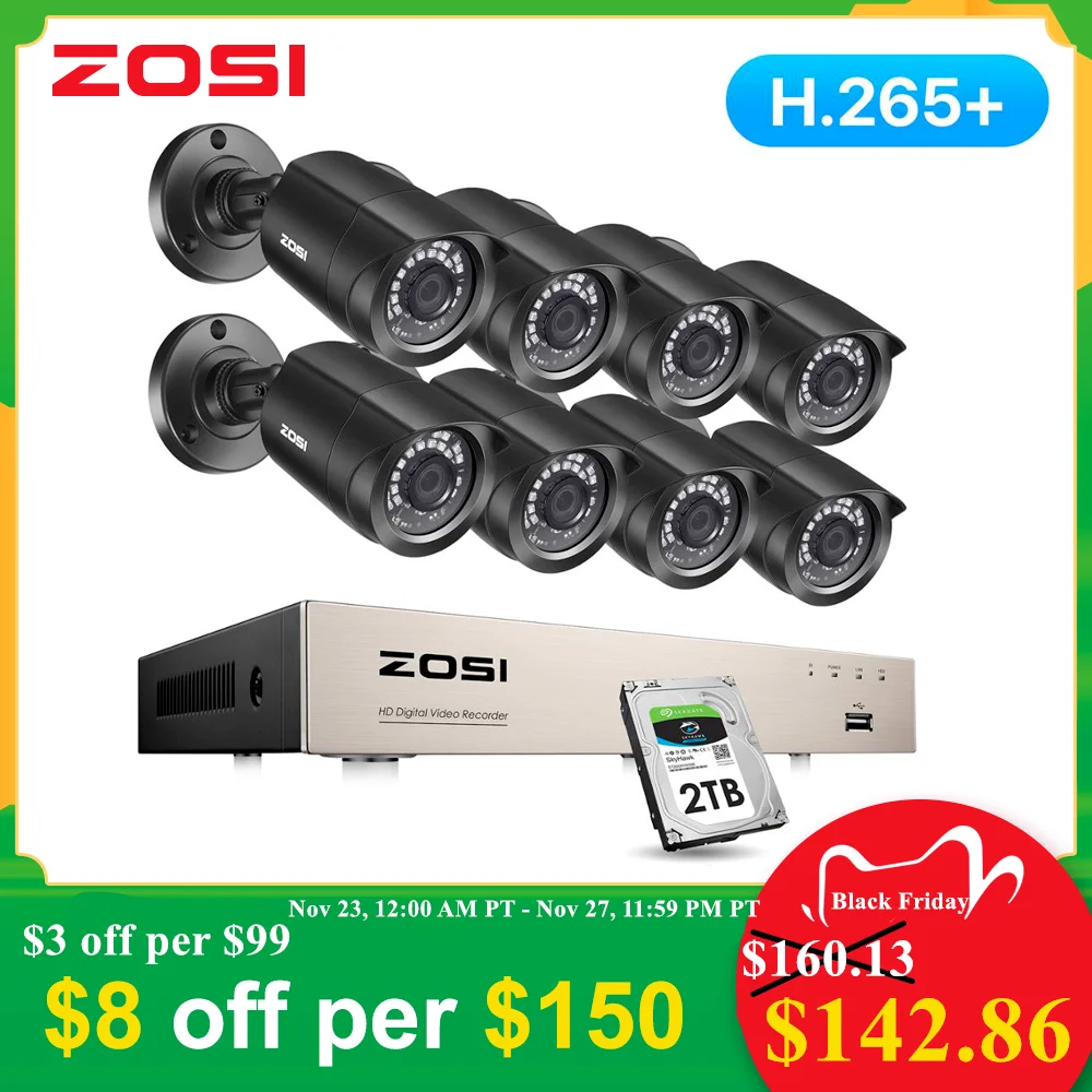  ZOSI 8CH CCTV система H.265 + HD TVI DVR комплект 8 1080p Домашняя безопасность Водонепроницаемый Открытый ночное видение камера видеонаблюдения комп…