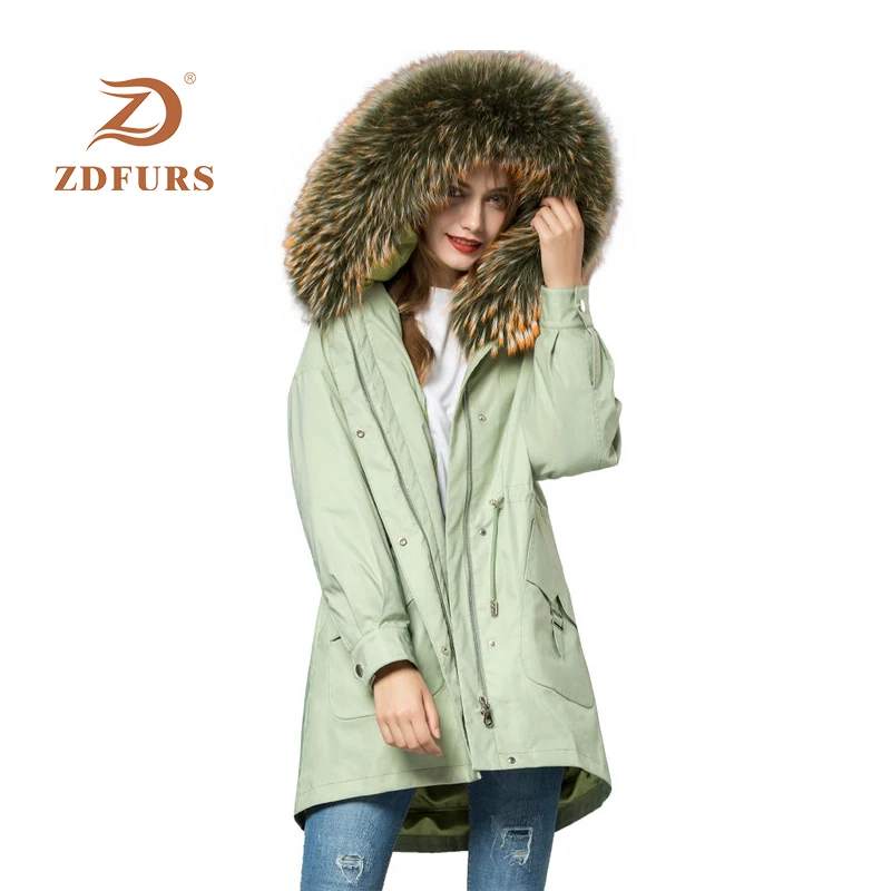 ZDFURS* Настоящий мех кролика Женская парка с роскошным мехом енота с капюшоном зимний помпон из натурального меха куртки Длинные Стиль ветрозащитные