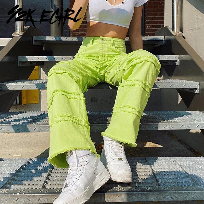 

Y2K EGIRL Harajuku Solid Striped Neon Green Baggy Jeans Indie Aesthetics Straight High Waist Trousers Vintage 90s Streetwear