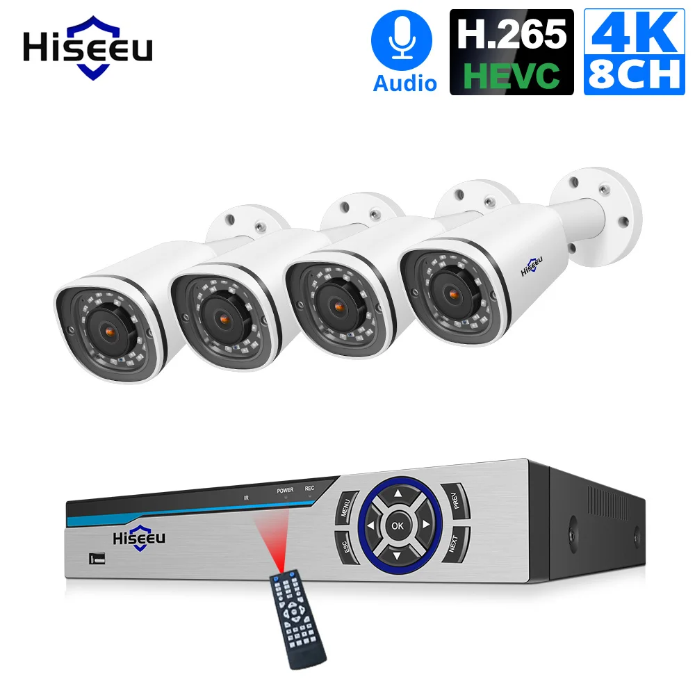 Hiseeu 4K камера безопасности системы 8CH POE NVR 8MP Открытый водонепроницаемый ip-камеры с питанием по POE H.265 CCTV комплект видеонаблюдения