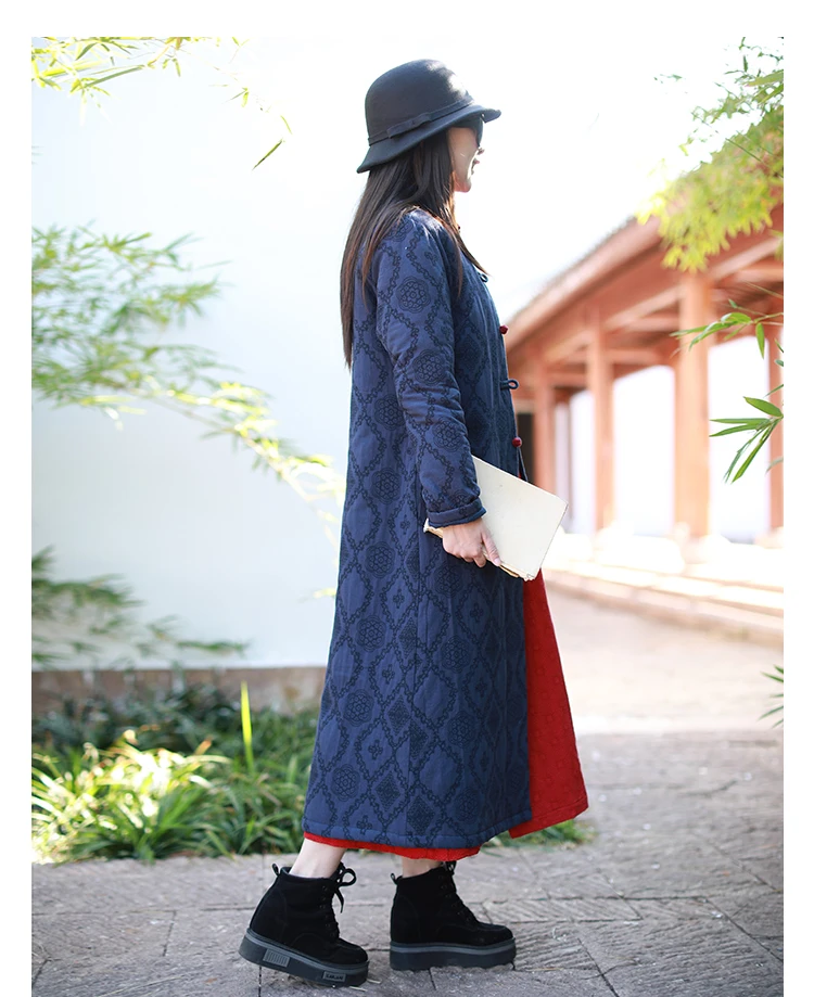 LZJN 2019 Winter Jacket Women Stand Collar Quilted Overcoat Long Chinese Parka Jacquard Autumn Coat Pocket Winterjas  (3)