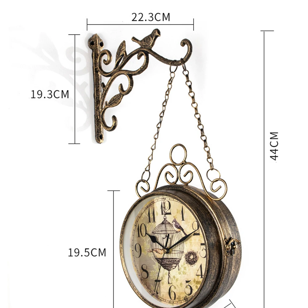 Retro European style classic bracket wall clock Double-sided display time  Iron Train Station Style Round Clock with Scroll Wall
