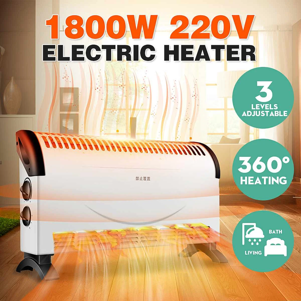 1800W Electric Heater Home Bath Thermostatic Heater Electric Winter Warmer Fan 3 Heat Settings Intelligent Heating Wire Heater