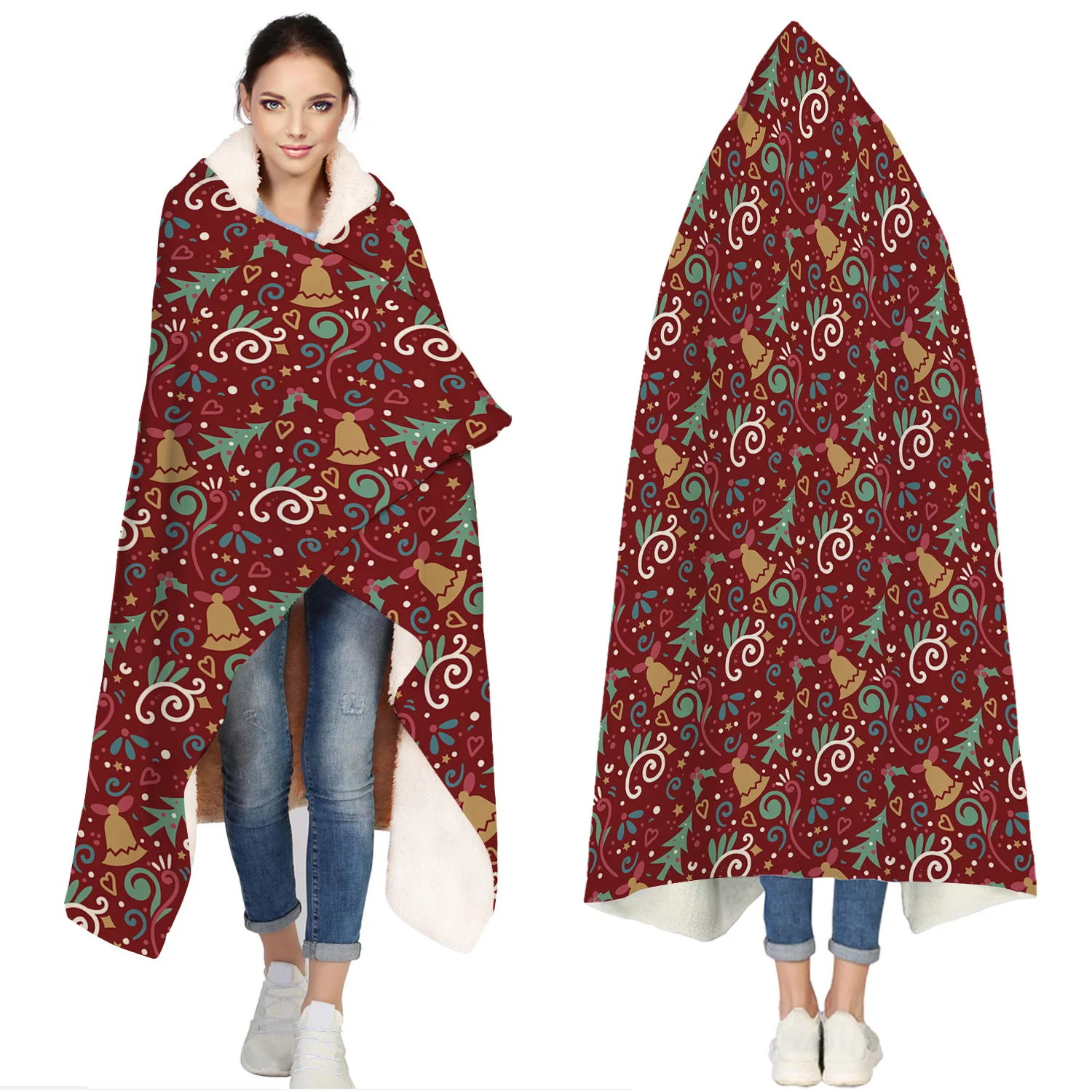 

Christmas Bells Christmas Tree Portable Wearable Fluffy Custom Hooded Blanket Fleece Hooded Throw WrapBed Blanket