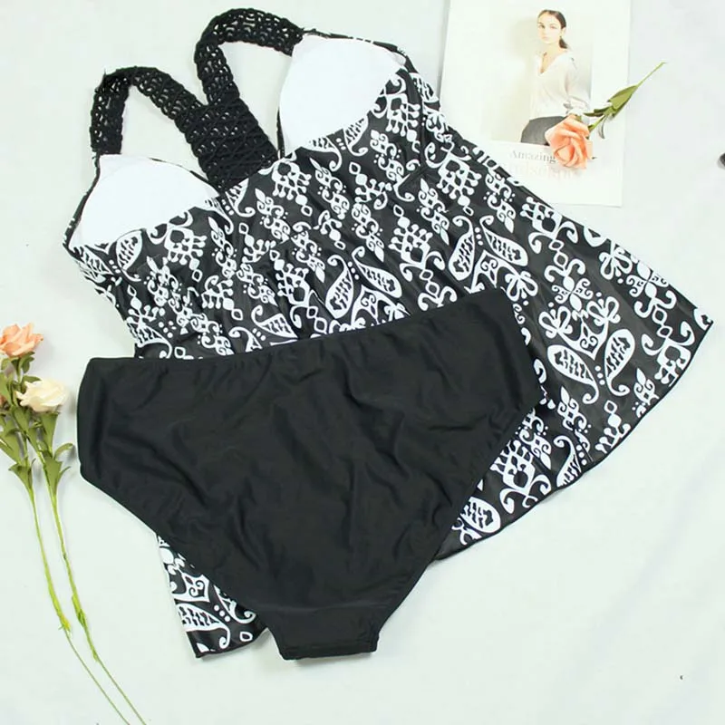 New Two Piece Swimsuit Retro Print Bathing Suit Black Sexy Skirt swimsuit Women Large Size Maillot Tankini L-5XL