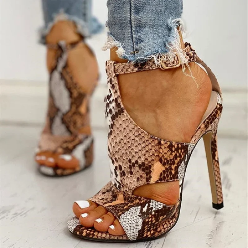 Summer Women Sandals 2020 Snake Pattern High Heels Ladies Sexy Party Pumps Footwear Peep Toe Ankle Strap Shoes Big Size Shoes
