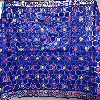 

Alisa royal blue french bazin riche lace african 100% cotton fabric high quality embroidery with stones hollow out design 5 yard