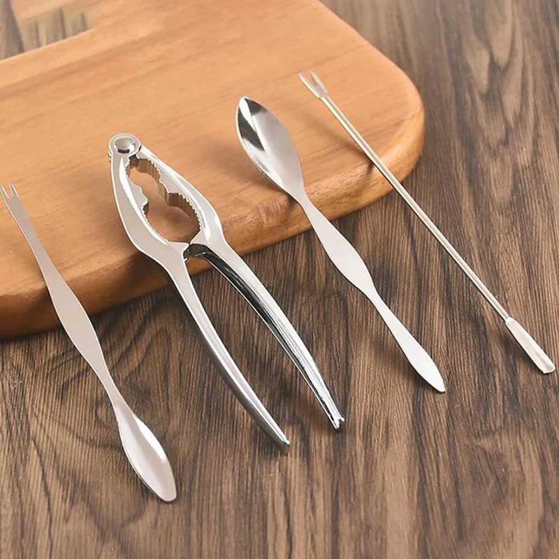 4Pcs Seafood Tool Set Crab Shrimp Fruit Pliers Fork Spoon Set Nut