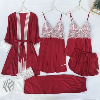 

Satin Sexy Pajams Nighy&Robe Suit Sleepwear 5PCS Sleep Set Women Spring New Homewear Home Clothes Lace Nightgown Kimono Robe