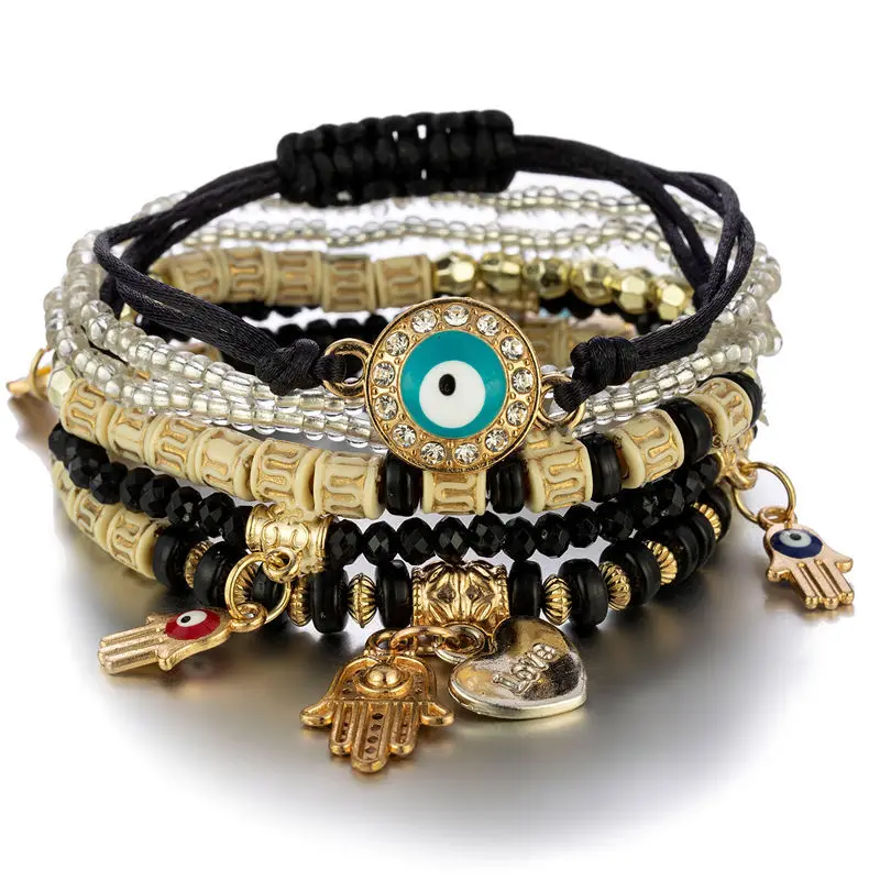 6 Pcs/Set Beads Strand Fatima Hand Charm Bracelet Set for Women Love Heart Hamsa Hand Jewelry Bohemia Braclets for Women