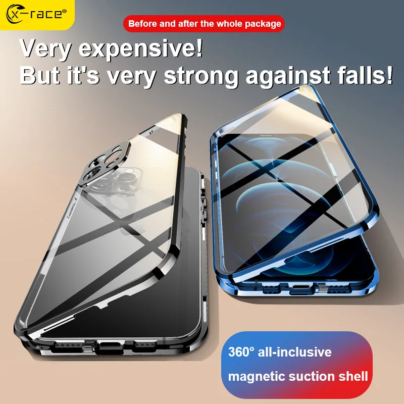 X-Race Magnetic Absorption Double-Sided Glass Case for iPhone 11 12 Pro Max Mini XS XR XSMAX 7 8 Plus Phone 360° Full Protection