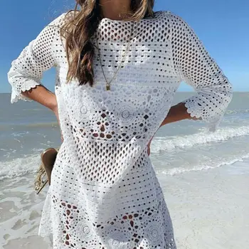

Women‘s Lace Crochet Bikini Cover Up Beach New Summer Beach Dress White Hollow Out Swimming Bathing Swimsuit Ladies Cover Up Hot