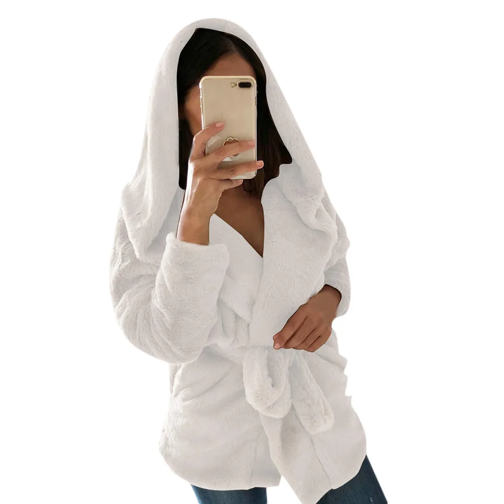 

2019 Autumn Winter Women Coat Casual Slim Fit Solid Short Belt Hoodie Faux Wool Coat Vintage Thick Faux Fur Jackets Outerwear