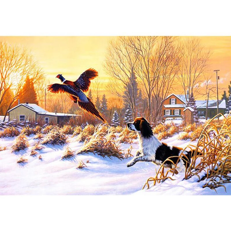 Picture Color Full Diamond Diy Stick Drill Cross Stitch Snow Day Puppy Chasing Pheasant Hot Explosion Diamond Painting