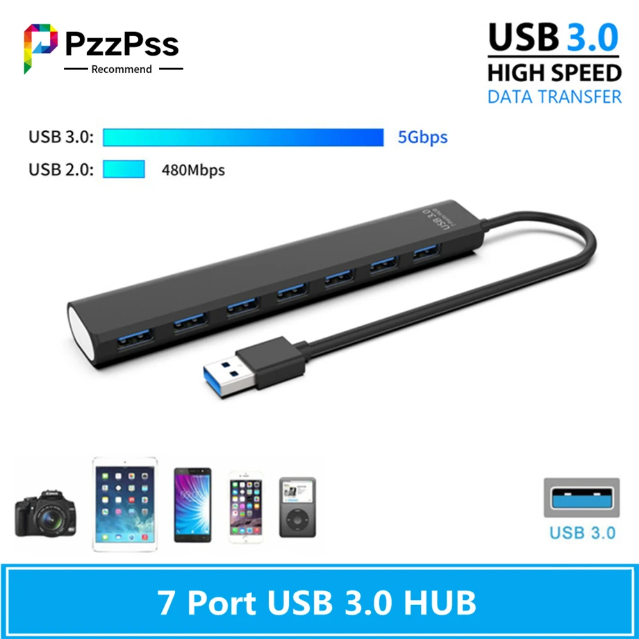 Extensão de 7 Usb para pc com Adaptador de Alimentação Usb3.0 e Interruptores. Pzzpss-hub Hub. Portas 3.0 1 High Quality Computador e Escritório