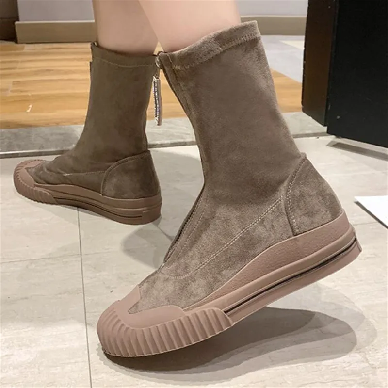 Ceny Nowy 2019 kobiet jesień zima wzmocniony przód zamek błyskawiczny z przodu rhinestone elastyczne skarpetki tkaniny krótkie buty motocyklowe buty Botas Mujer