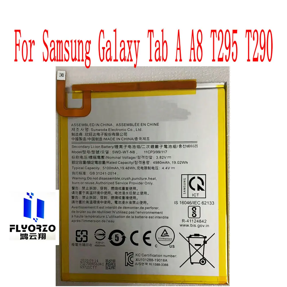 

100% NEW Original High Quality 5100mAh SWD-WT-N8 Battery For Samsung Galaxy Tab A A8 T295 T290 Tablet