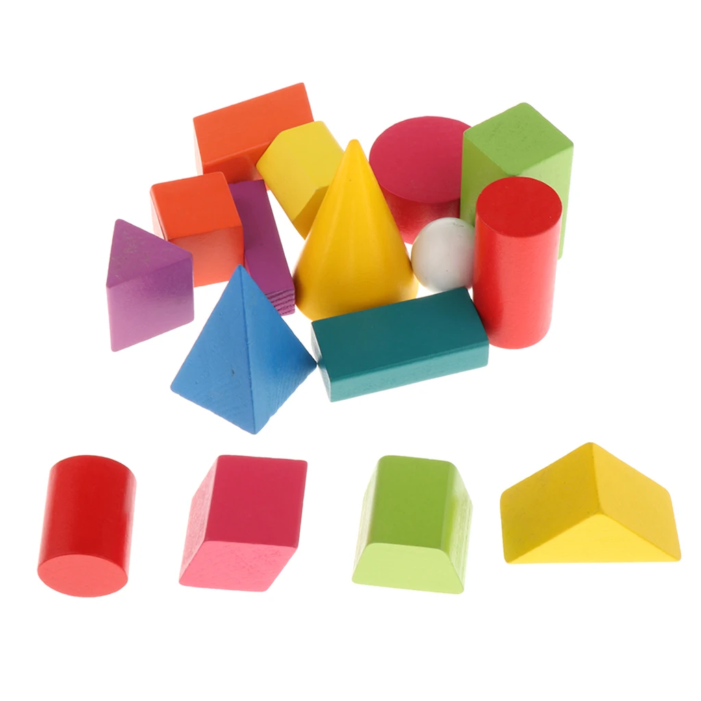 Colorful Wooden Geometric Solid Blocks (Set Of 16) For Kids Educational Toys