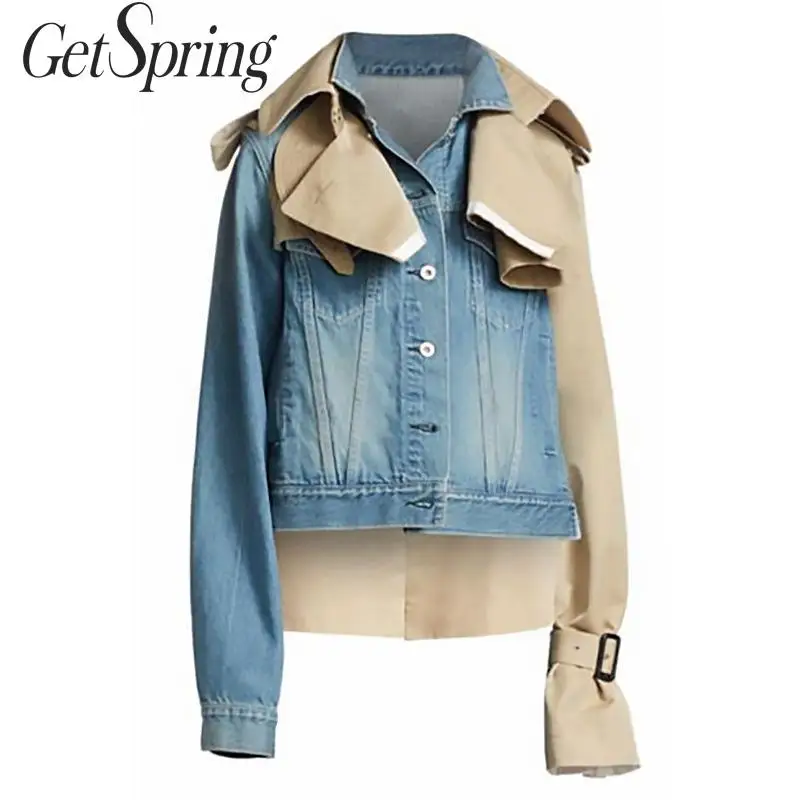 

GetSpring Women Denim Jackets Patchwork Long Sleeve Short Jean Jackets Irregular Denim Coat Loose Denim Outerwear Womens Tops
