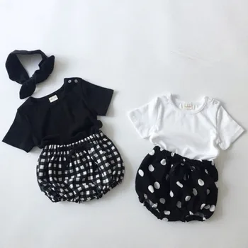 

2PCS WLG Girls Outfits Baby Summer White Black T Shirt and Plaid Short Set Toddler Girl Casual Clothes