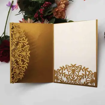 

100pcs Hollow Butterfly Invitation Cards Of Pearl Paper ，Dark Gold Colors Envelope Of Tri-folding Cover Invittaion