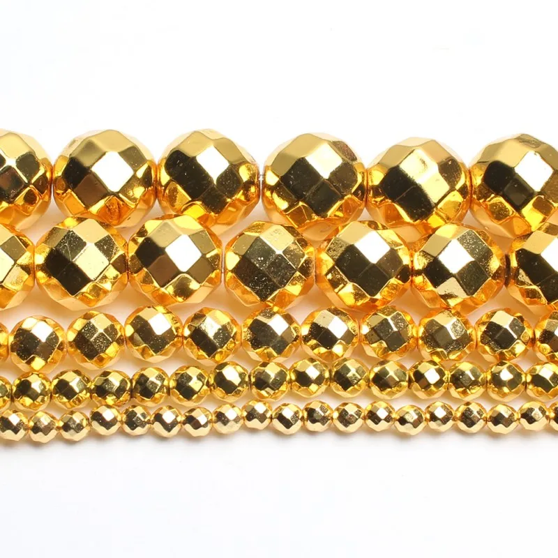 Natural Stone Hematite Round Beads in Gold & Silver Tones for Jewelry Making - 15'' Strand