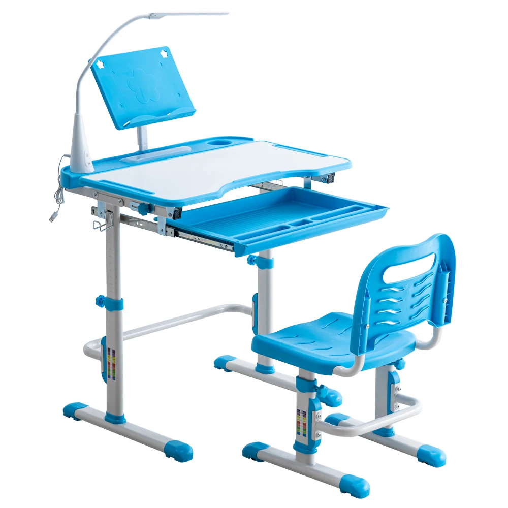 

Student Desks and Chairs Set C Style with Light White Lacquered White Surface and Blue Plastic [70x38x(52-74)cm]