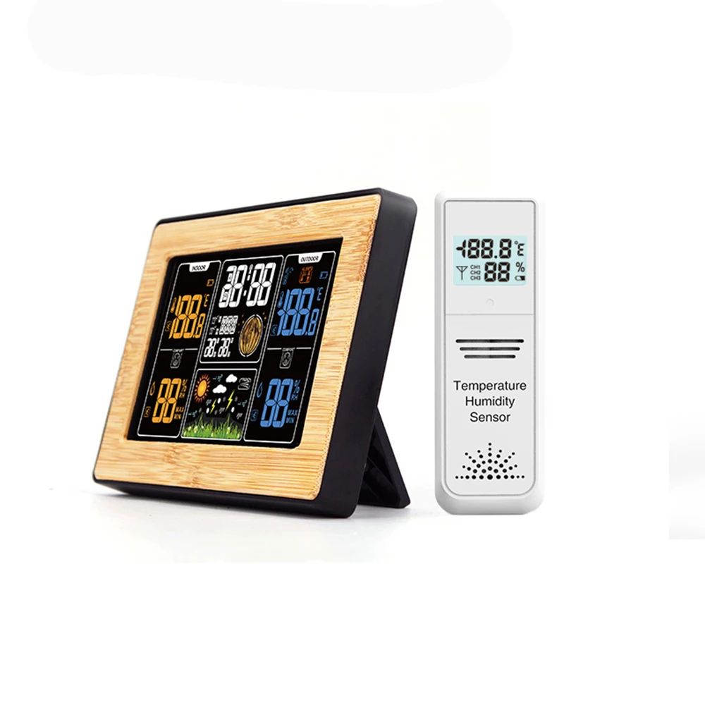 

Wireless Weather Station Pt201b Color Screen Bamboo Surface Multifunctional Temperature And Humidity Meter Wireless Digital