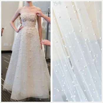 

Dense Pearls Beaded Lace Fabric Soft Tulle Lace Fabric Bridal Lace Supply DIY Wedding Sewing High Quality 2 Sizes Pearls