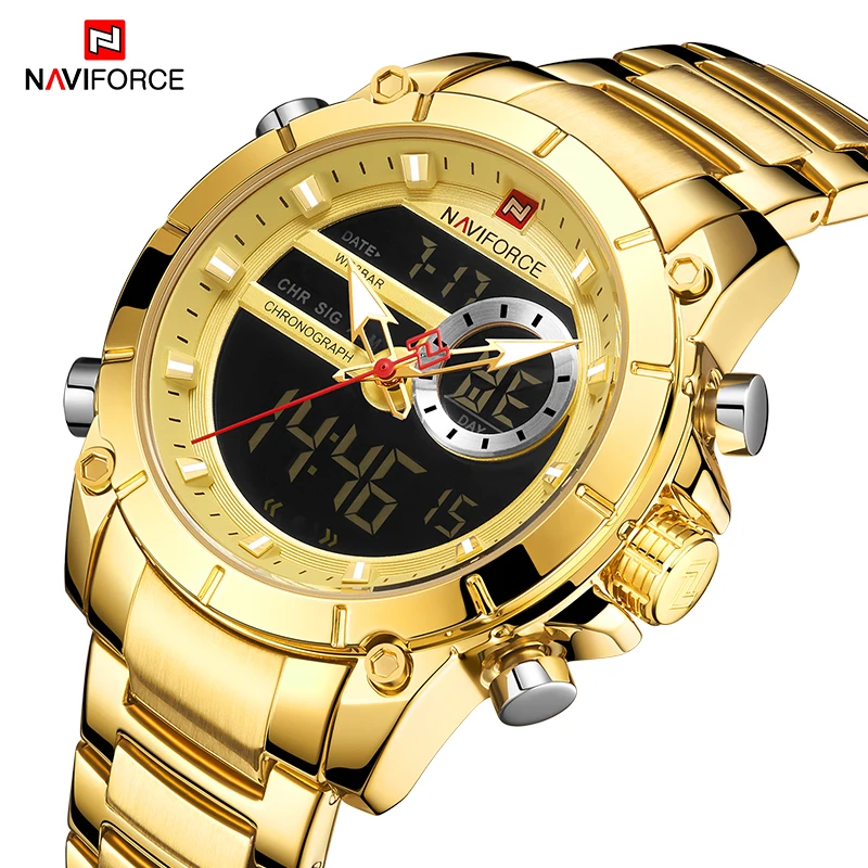 Men Watches Dual-Time Naviforce Sport Clock Date Quartz Masculino Digital Gold Waterproof