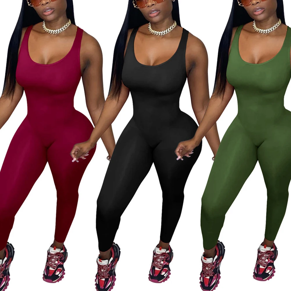 

AA 2020 New Women Sleeveless U-Neck Solid Bodycon Jumpsuit One-piece Clubwear Sports Pants Jumpsuit Romper Leotard Trousers