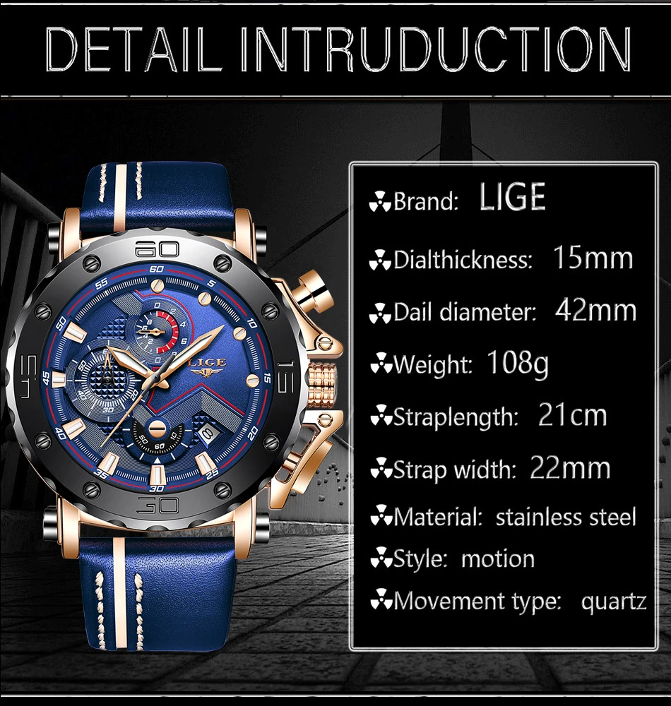 2022 LIGE New Mens Watches Luxury Large Dial Military Army Quartz Watch Fashion Casual Waterproof Wristwatch Business Watch Men