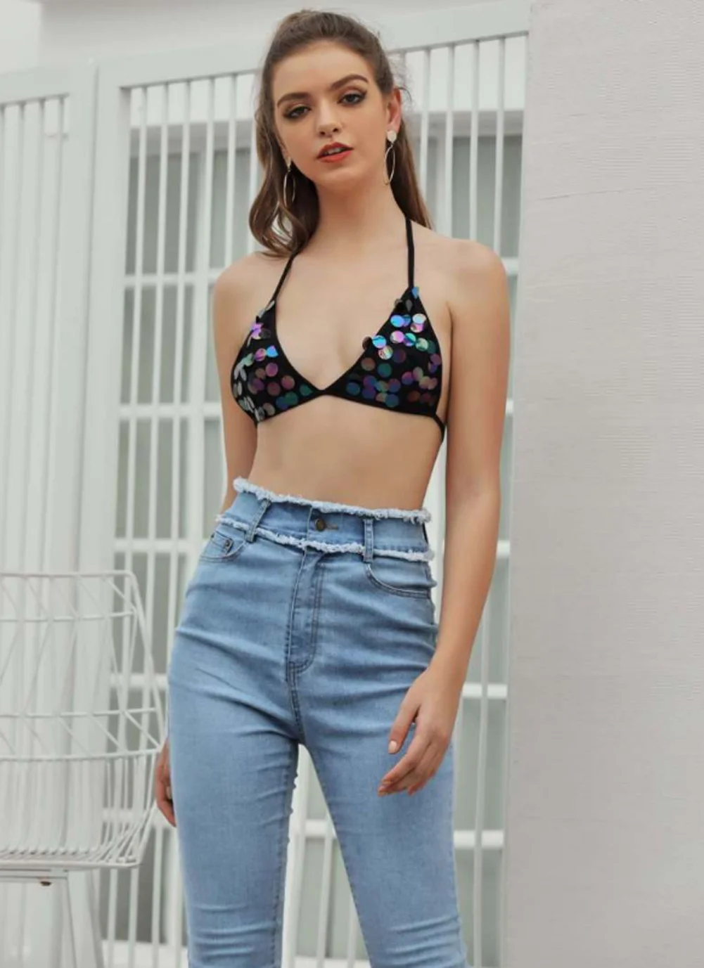 Горячая Летняя мода для женщин пуш-ап ночной клубный Топ Bralette Блестящие Блестки пляжный кроп Бикини Топ с глубоким вырезом Топы от солнца