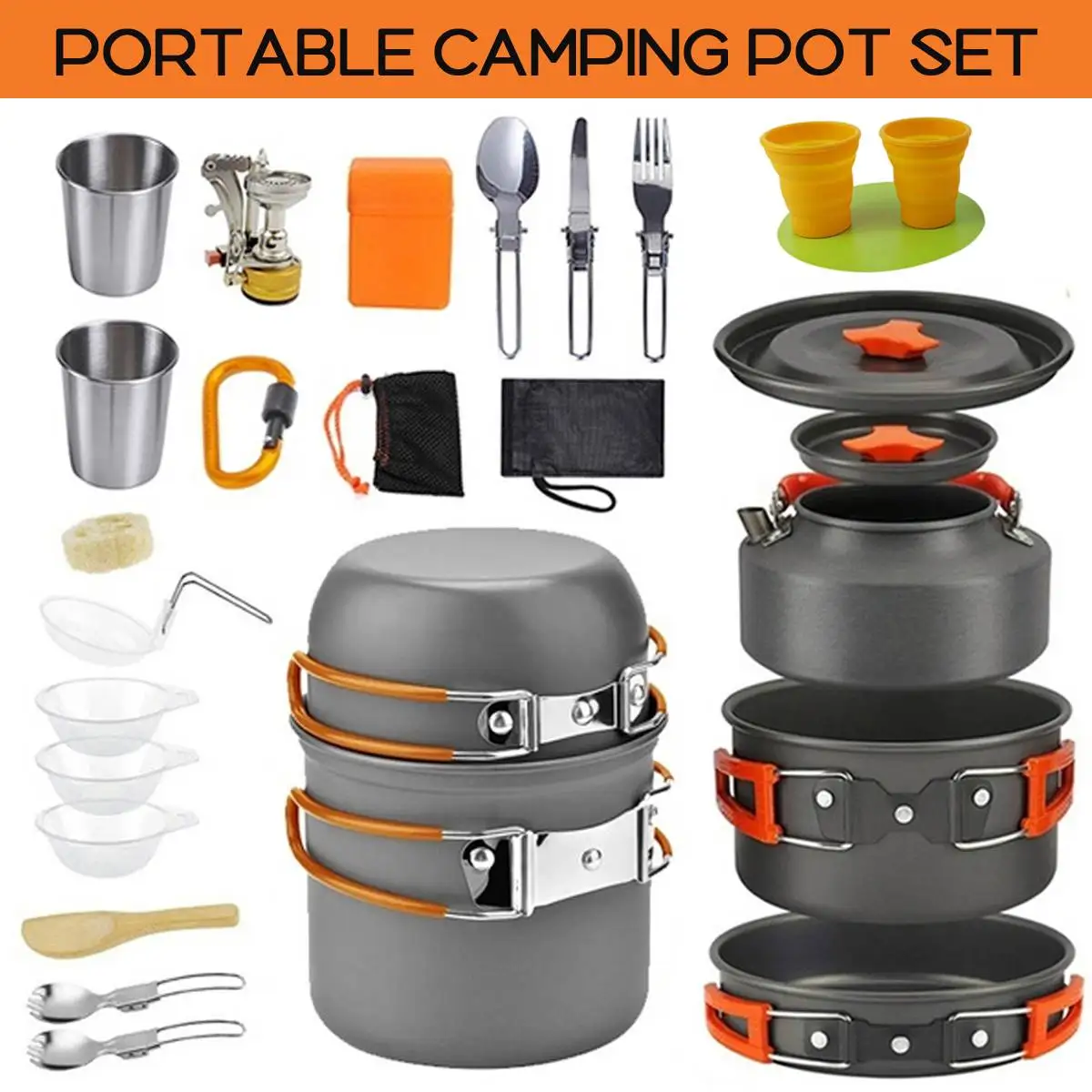 Camping Cookware Kit Portable Outdoor Picnic Randonnée Cuisine Théière vaisselle 