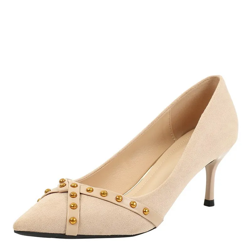 

659-2 Rivet Mixed Colors Hallow Work Suede Pointed Toe High Heel Shoes Thin Heeled Shallow Mouth Single Shoes Women's 2019 WOMEN
