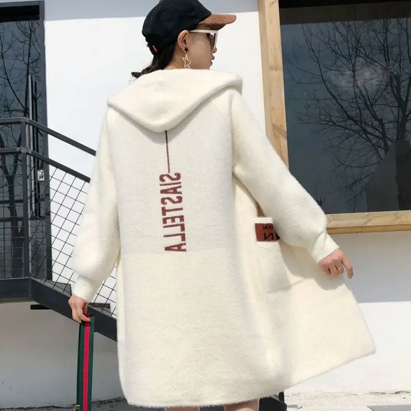 Imitation Mink Cashmere Knitted Cardigan Women Autumn Winter Letter Embroidery Thicken Warm Fur Collar Hooded Korean Coat Female |