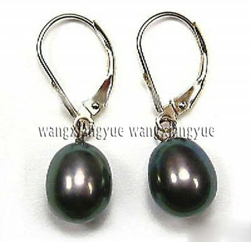 

7-8mm Rice Shape Black Akoya Cultured Pearl Dangle Earrings AAA Grade
