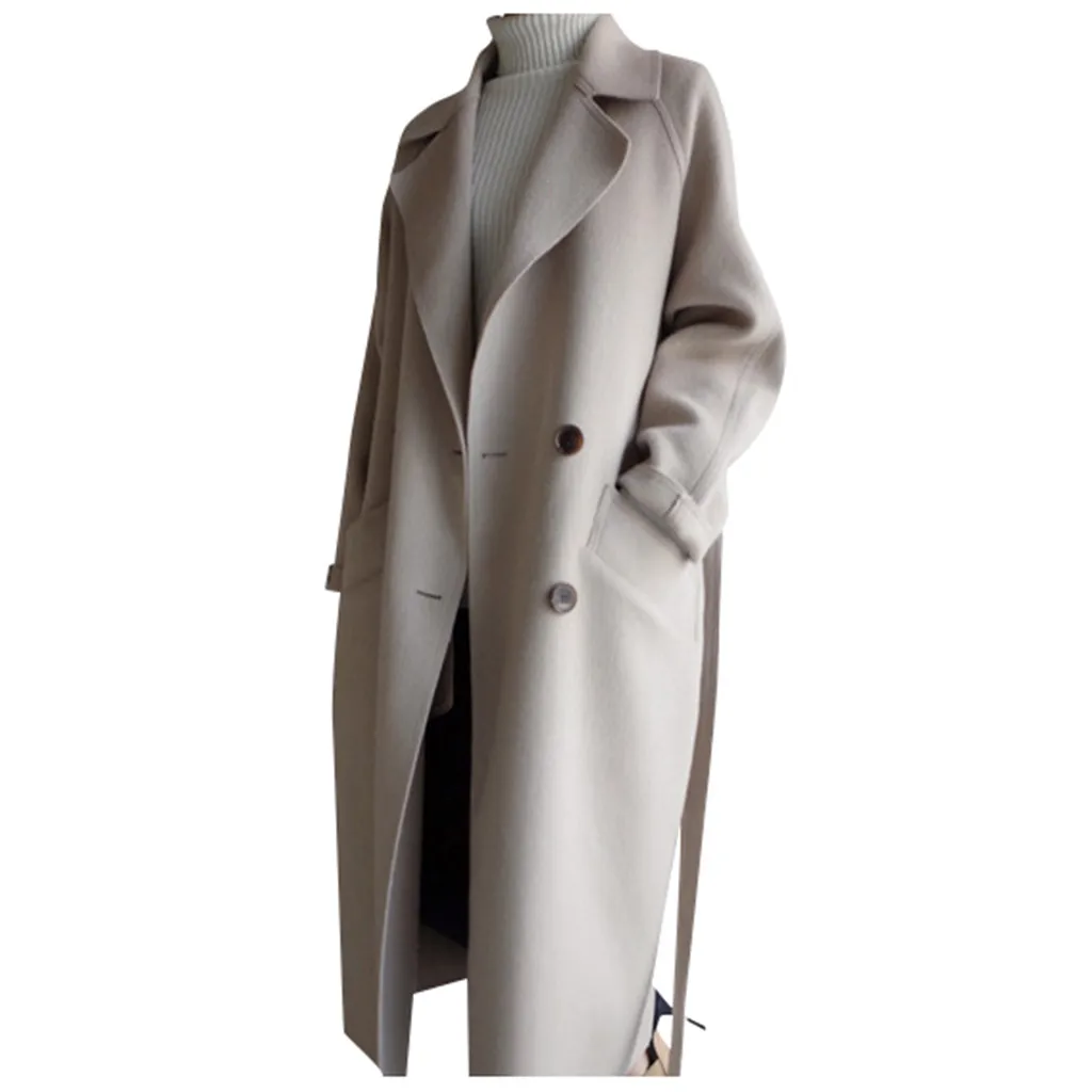 KANCOOLD, зимние женские куртки, сплошной цвет, большие размеры, с лацканами, кашемир, шерсть, с поясом, двубортное, длинное пальто, верхняя одежда, куртка - Цвет: Белый