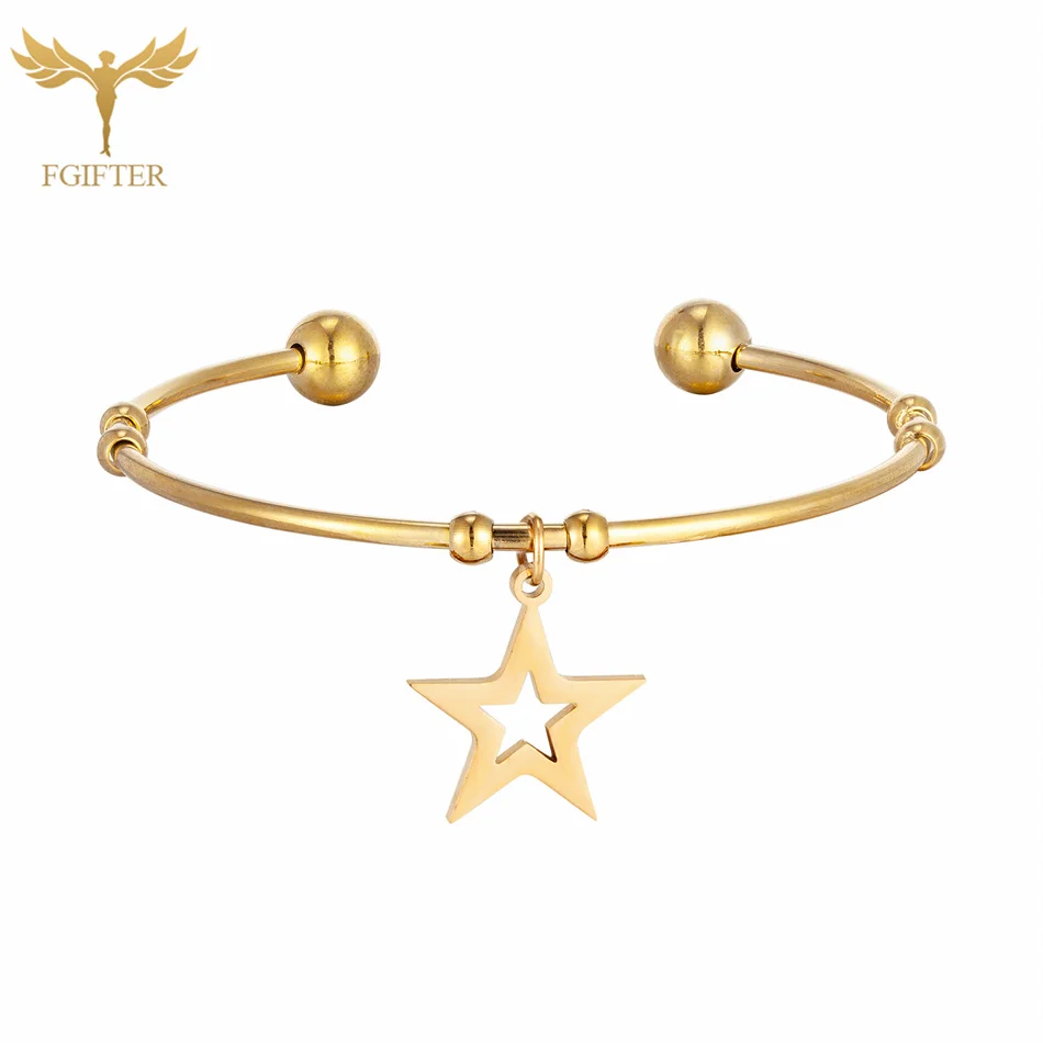 Hollow Star Bracelet Pendant Golden Stainless Steel Woman Bangle Five-pointed Star Bead Ball Open Bracelet Woman Fashion Jewelry 6