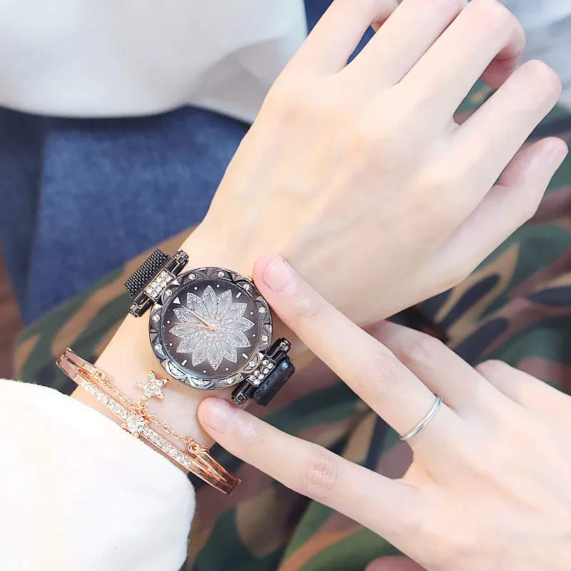 Женские сетчатые магнитные часы с пряжкой, счастливые часы с цветочным орнаментом+ браслет, роскошные женские кварцевые часы со стразами, звездное небо, Relogio Feminino