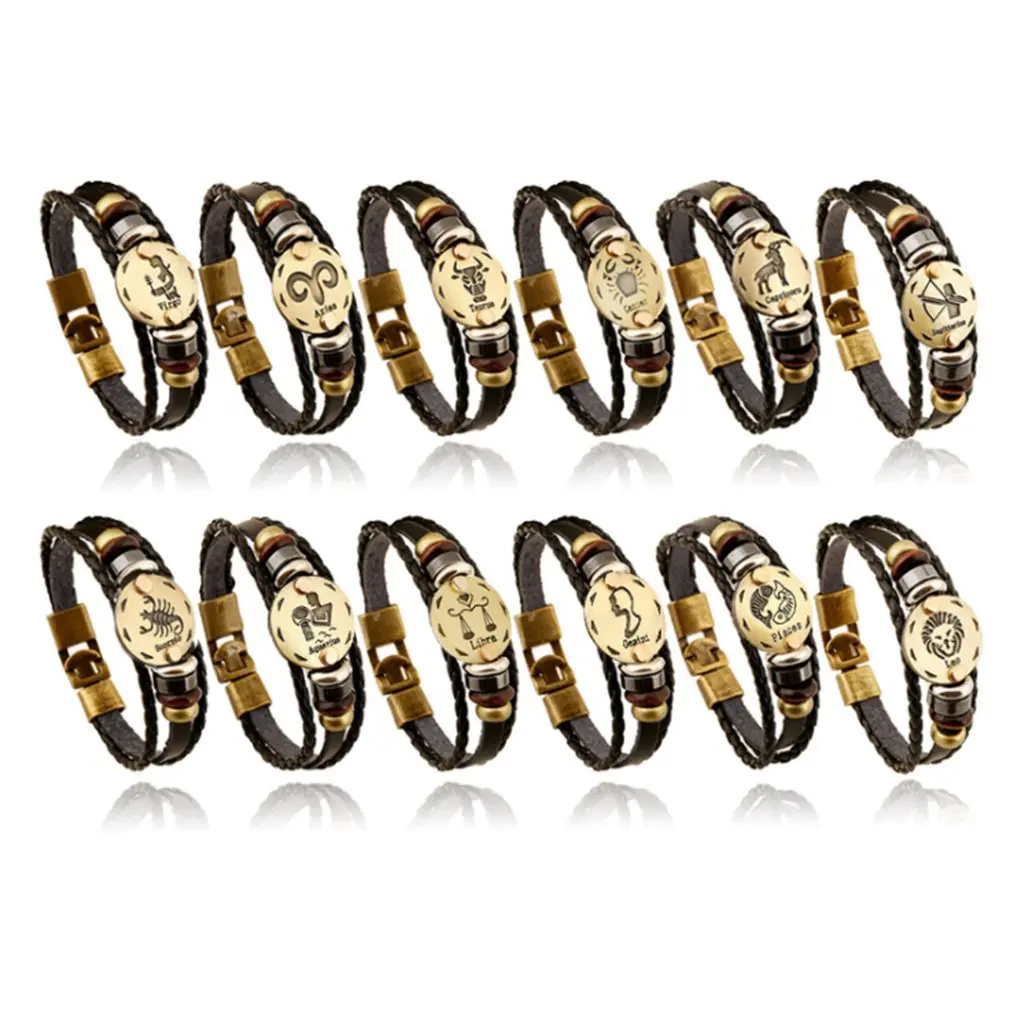 12 браслеты с изображениями созвездий Лидер продаж модные ювелирные изделия кожаный браслет мужские повседневные персональные Знаки зодиака панк браслет ювелирные изделия