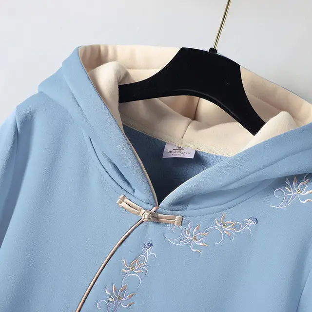 Chinese Style Hoodies Stitching Vestido Cheongsam Oversized Embroidery Sweatshirt Dress Spring Women Buckle Thick Dresses 4