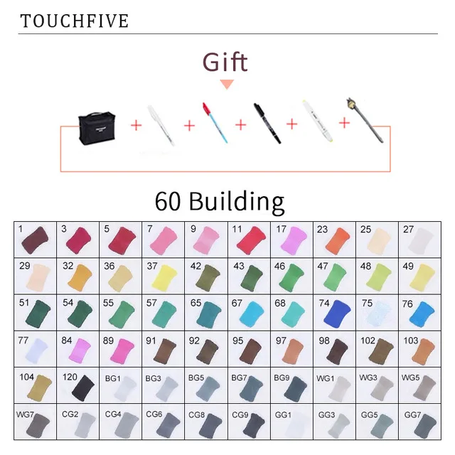 60 BUILDING TouchFIVE 20 Вт, 30 Вт/40/60/80 цветные маркеры манга чертежные Маркеры Ручка на спиртовой основе эскиз жирной двойной кисть товары для рукоделия - Цвет: 60 BUILDING